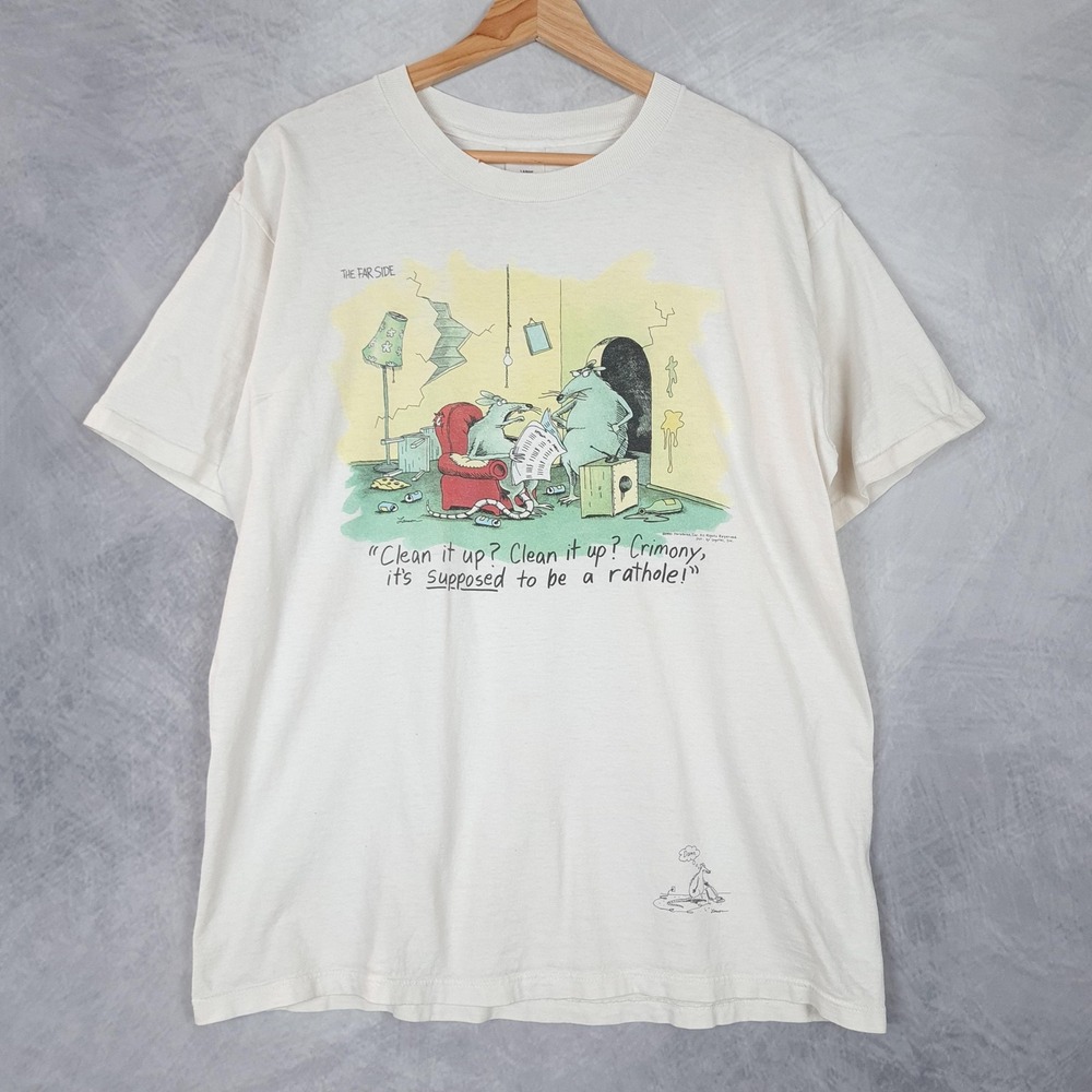 Vintage Far Side Shirt Mens Large White Rat Cartoon Graphic Tee Logotel 1990